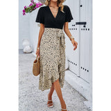 Cross Color Block Lace V Neck Belt Print Dress - MVTFASHION.COM