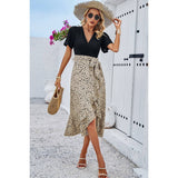 Cross Color Block Lace V Neck Belt Print Dress - MVTFASHION.COM