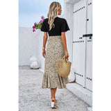 Cross Color Block Lace V Neck Belt Print Dress - MVTFASHION.COM