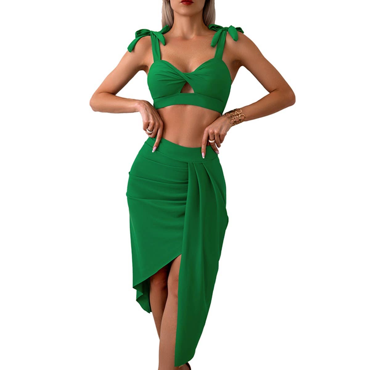 Cross Solid Two Pieces Wrap Asymmetry Hem Swimsuit - MVTFASHION.COM