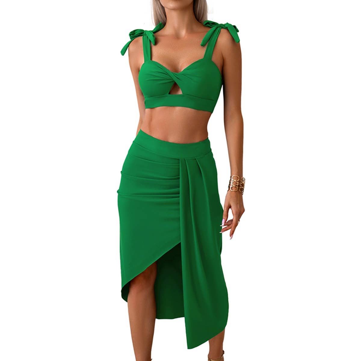 Cross Solid Two Pieces Wrap Asymmetry Hem Swimsuit - MVTFASHION.COM