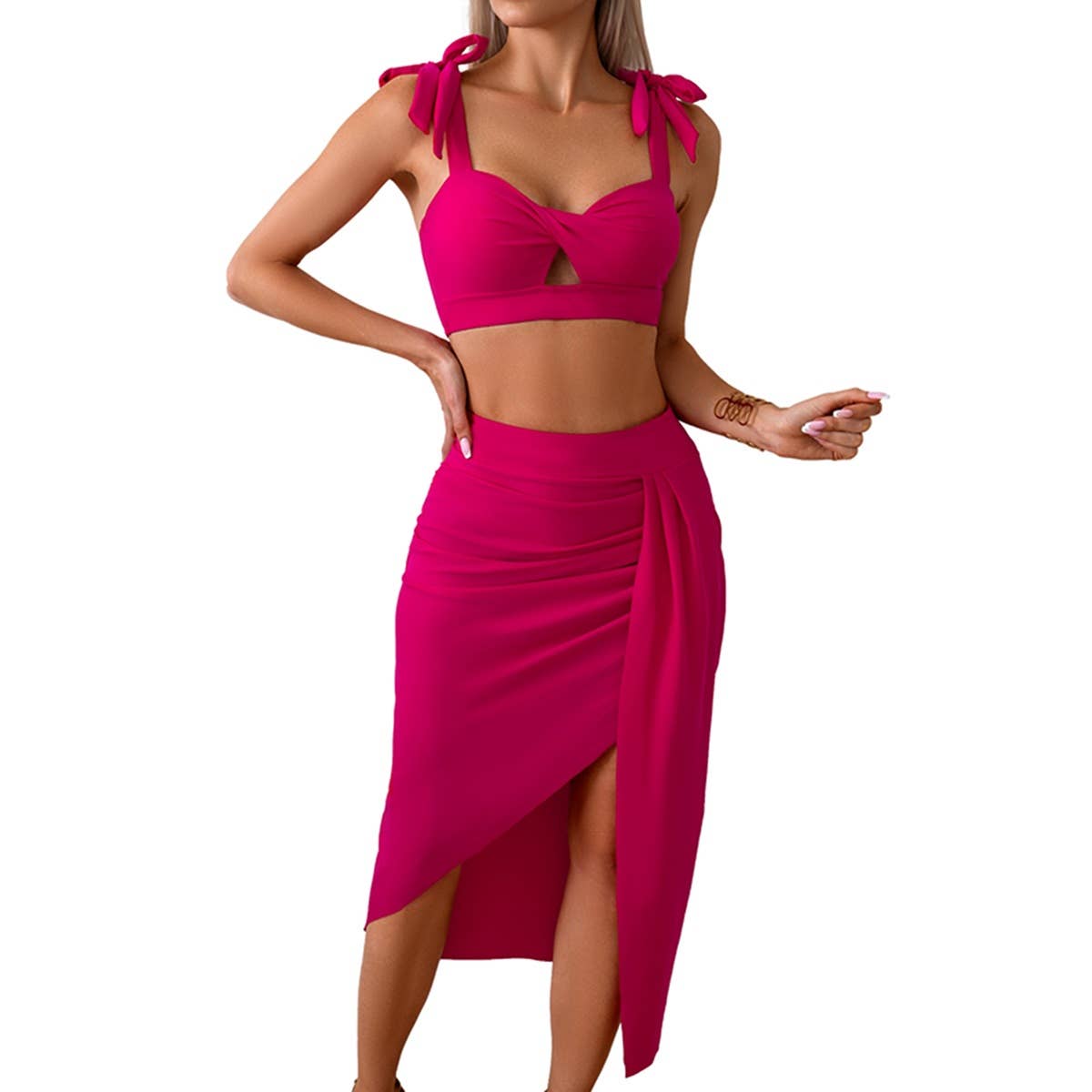 Cross Solid Two Pieces Wrap Asymmetry Hem Swimsuit - MVTFASHION.COM