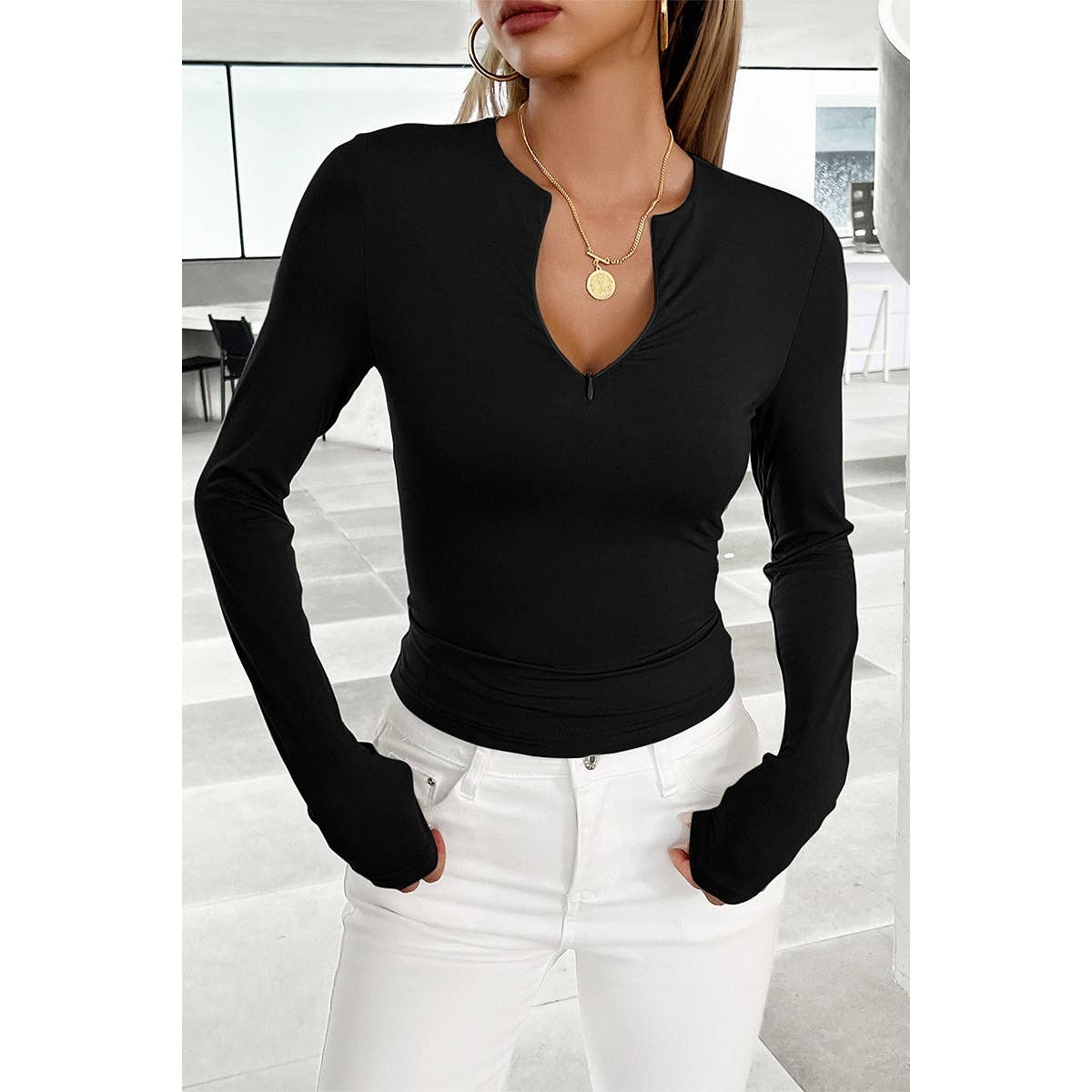 Cut Out Solid Zipper Elastic Fit Long Sleeves Top - MVTFASHION.COM