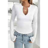 Cut Out Solid Zipper Elastic Fit Long Sleeves Top - MVTFASHION.COM