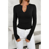 Cut Out Solid Zipper Elastic Fit Long Sleeves Top - MVTFASHION.COM