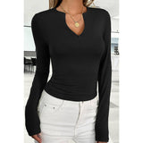 Cut Out Solid Zipper Elastic Fit Long Sleeves Top - MVTFASHION.COM