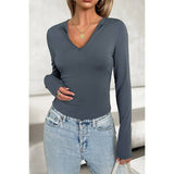 Cut Out Solid Zipper Elastic Fit Long Sleeves Top - MVTFASHION.COM