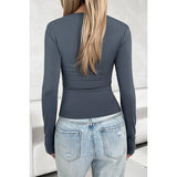 Cut Out Solid Zipper Elastic Fit Long Sleeves Top - MVTFASHION.COM