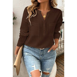 Pleated V Neck Pockets Button Drop Shoulder Blouse - MVTFASHION.COM