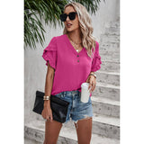 Solid Button V Neck Ruffle Sleeves Loose Fit Blouse - MVTFASHION.COM