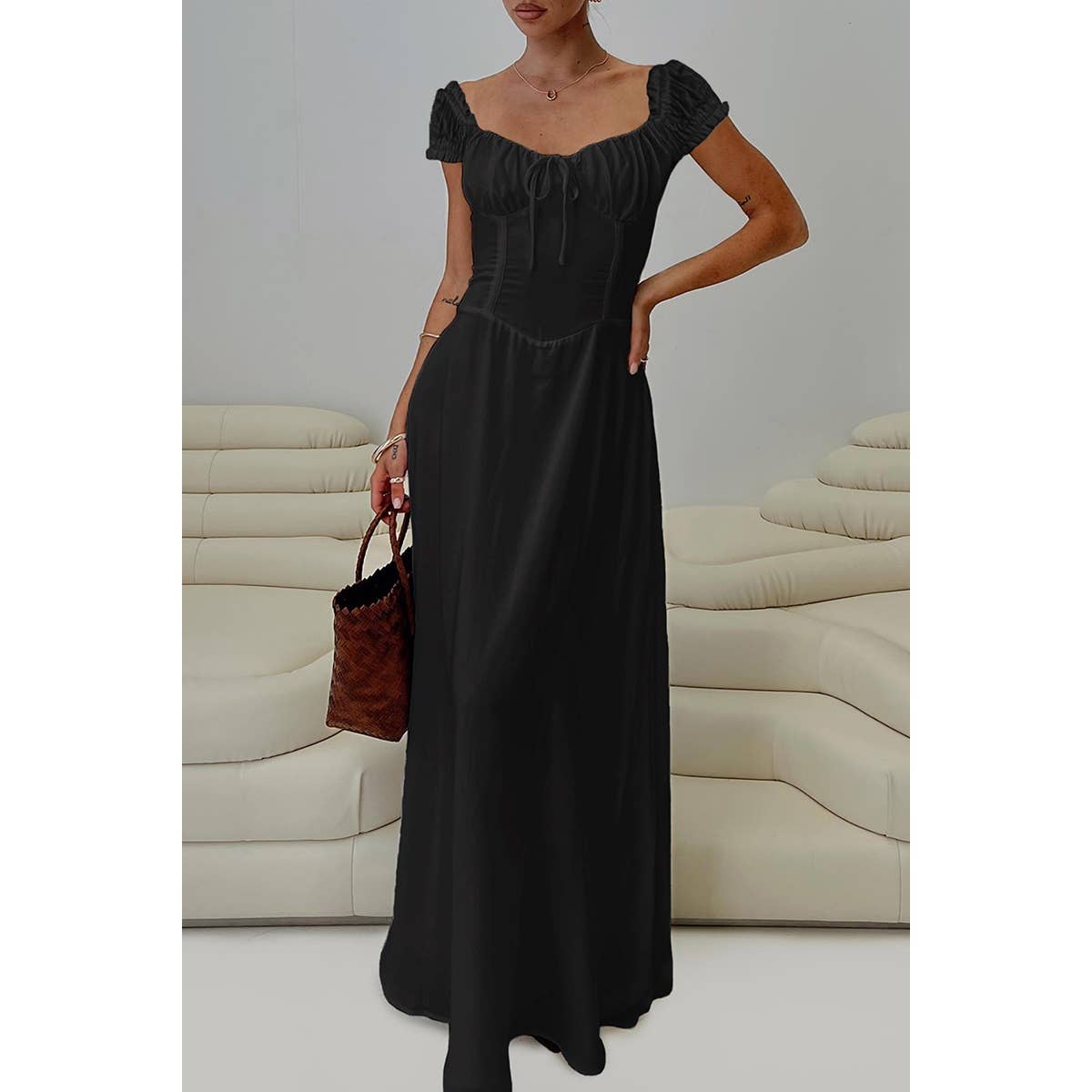 Deep Square Neck Drawstring Back Fit Dress - MVTFASHION.COM