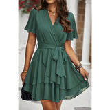 Deep V Cross Belt Fit Tiered Hem Mini Dress - MVTFASHION.COM