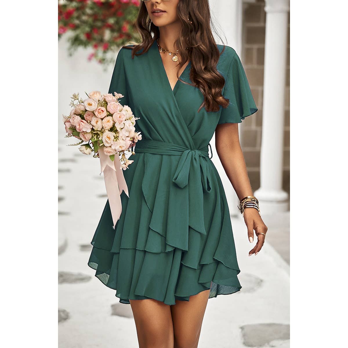 Deep V Cross Belt Fit Tiered Hem Mini Dress - MVTFASHION.COM