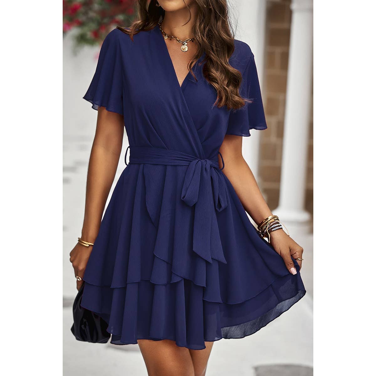 Deep V Cross Belt Fit Tiered Hem Mini Dress - MVTFASHION.COM