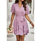 Deep V Cross Belt Fit Tiered Hem Mini Dress - MVTFASHION.COM