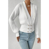 Deep V Double Breasted Pearl Beaded Decor Sweater - MVTFASHION.COM