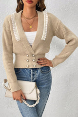 Deep V Double Breasted Pearl Beaded Decor Sweater - MVTFASHION.COM