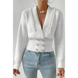 Deep V Double Breasted Pearl Beaded Decor Sweater - MVTFASHION.COM