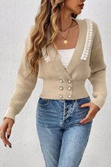 Deep V Double Breasted Pearl Beaded Decor Sweater - MVTFASHION.COM