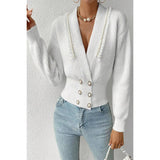 Deep V Double Breasted Pearl Beaded Decor Sweater - MVTFASHION.COM