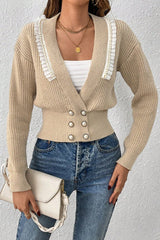 Deep V Double Breasted Pearl Beaded Decor Sweater - MVTFASHION.COM