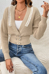 Deep V Double Breasted Pearl Beaded Decor Sweater - MVTFASHION.COM