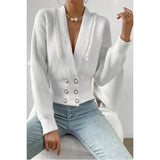 Deep V Double Breasted Pearl Beaded Decor Sweater - MVTFASHION.COM