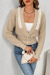 Deep V Double Breasted Pearl Beaded Decor Sweater - MVTFASHION.COM