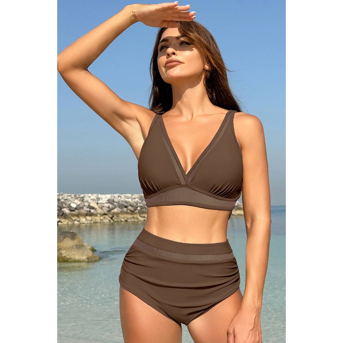 Deep V Lace Trim Two Pieces Sleeveless Swimsuit - MVTFASHION.COM