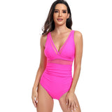 Deep V Neck One Piece Lace Trim Sleeveless Swimsuit - MVTFASHION.COM