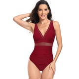 Deep V Neck One Piece Lace Trim Sleeveless Swimsuit - MVTFASHION.COM