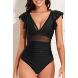 Deep V Neck Ruffle Color Block Lace Swimsuit - MVTFASHION.COM