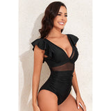 Deep V Neck Ruffle Color Block Lace Swimsuit - MVTFASHION.COM