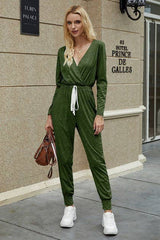 Deep V Neck Wrap Drawstring Jumpsuit - MVTFASHION.COM