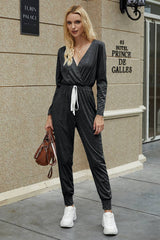 Deep V Neck Wrap Drawstring Jumpsuit - MVTFASHION.COM