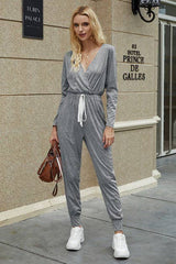 Deep V Neck Wrap Drawstring Jumpsuit - MVTFASHION.COM