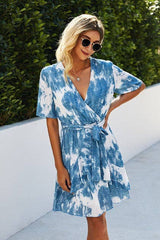 Deep V Neck Wrap Tie Dye Mini Dress - MVTFASHION.COM