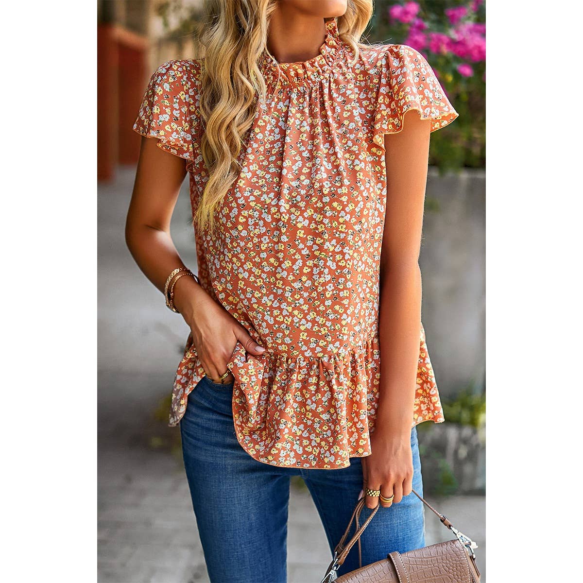 Ditsy Floral Flutter Sleeve Keyhole Top - MVTFASHION.COM