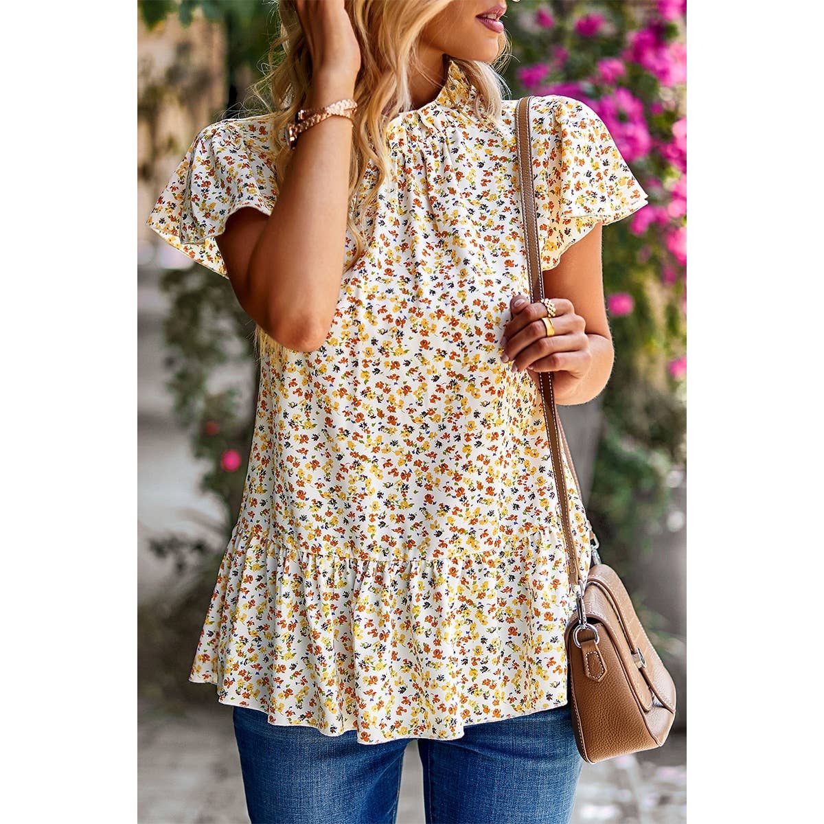 Ditsy Floral Flutter Sleeve Keyhole Top - MVTFASHION.COM