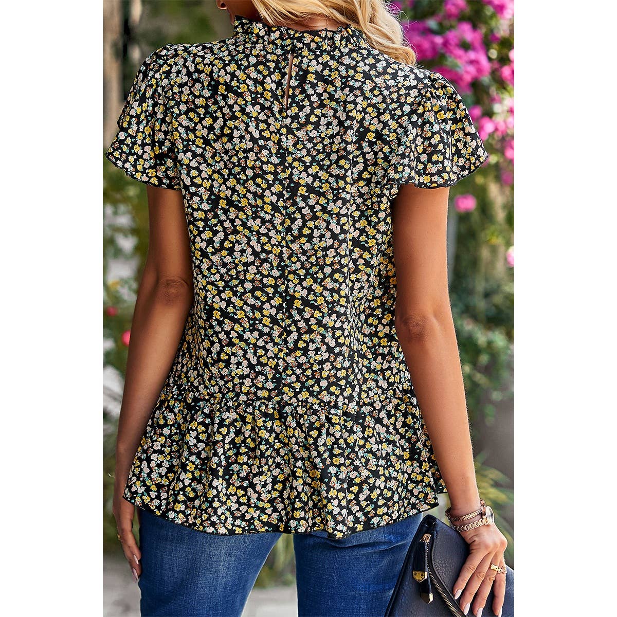 Ditsy Floral Flutter Sleeve Keyhole Top - MVTFASHION.COM