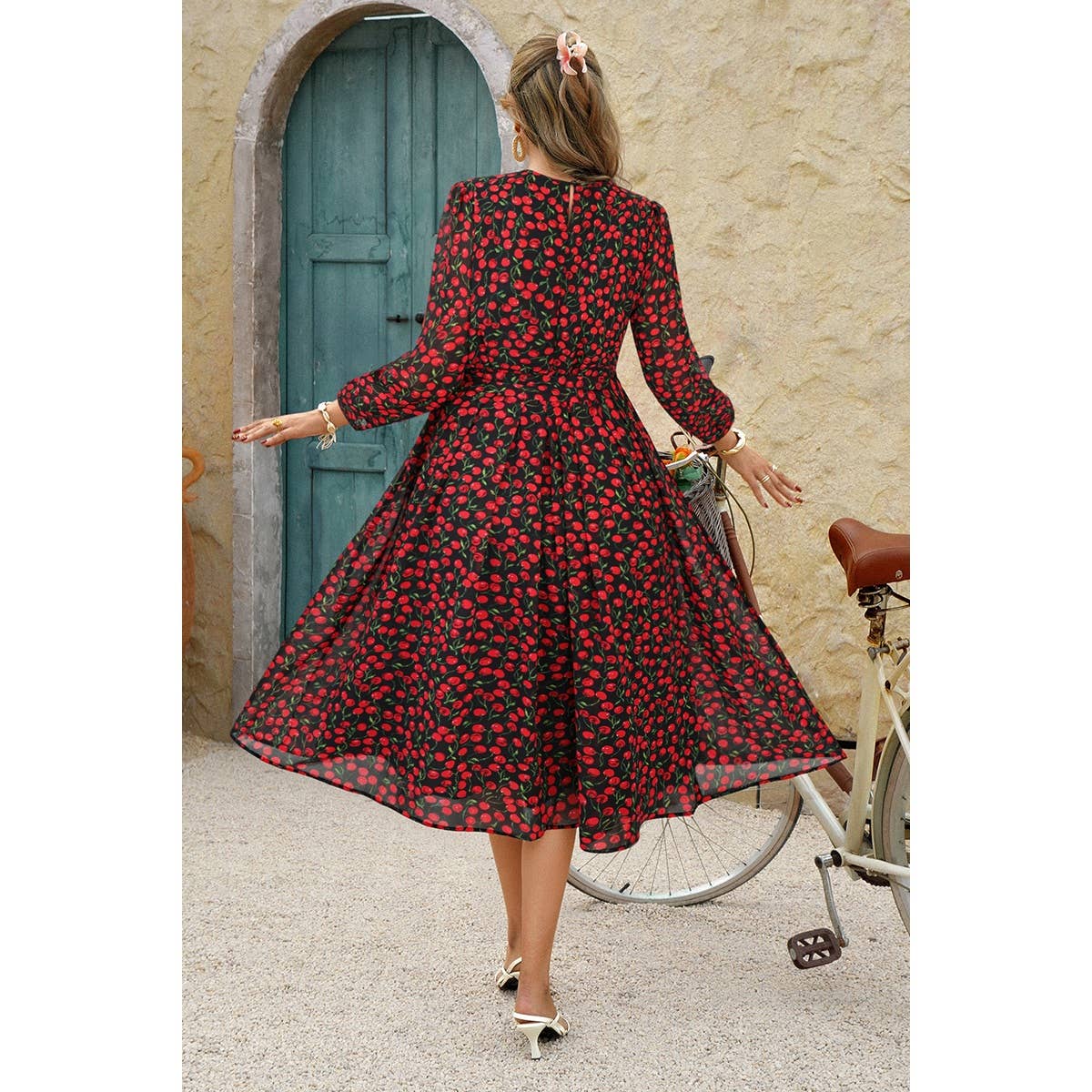 Dot Print Lantern Sleeve Belted Midi Dress - MVTFASHION.COM