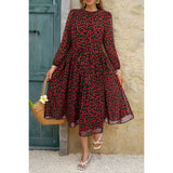 Dot Print Lantern Sleeve Belted Midi Dress - MVTFASHION.COM