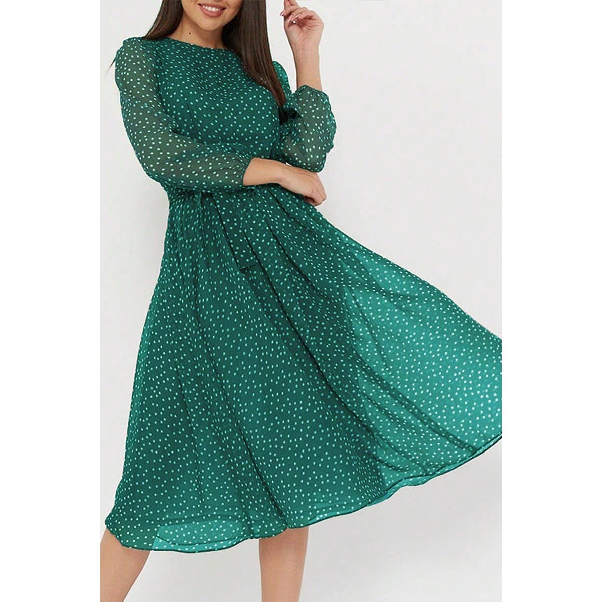 Dot Print Lantern Sleeve Belted Midi Dress - MVTFASHION.COM