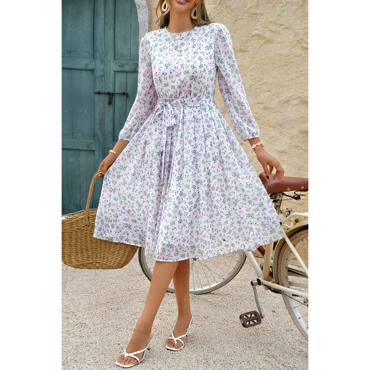 Dot Print Lantern Sleeve Belted Midi Dress - MVTFASHION.COM