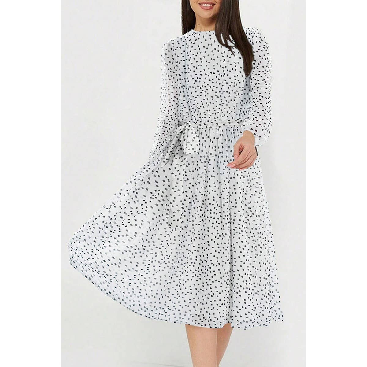 Dot Print Lantern Sleeve Belted Midi Dress - MVTFASHION.COM