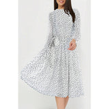 Dot Print Lantern Sleeve Belted Midi Dress - MVTFASHION.COM