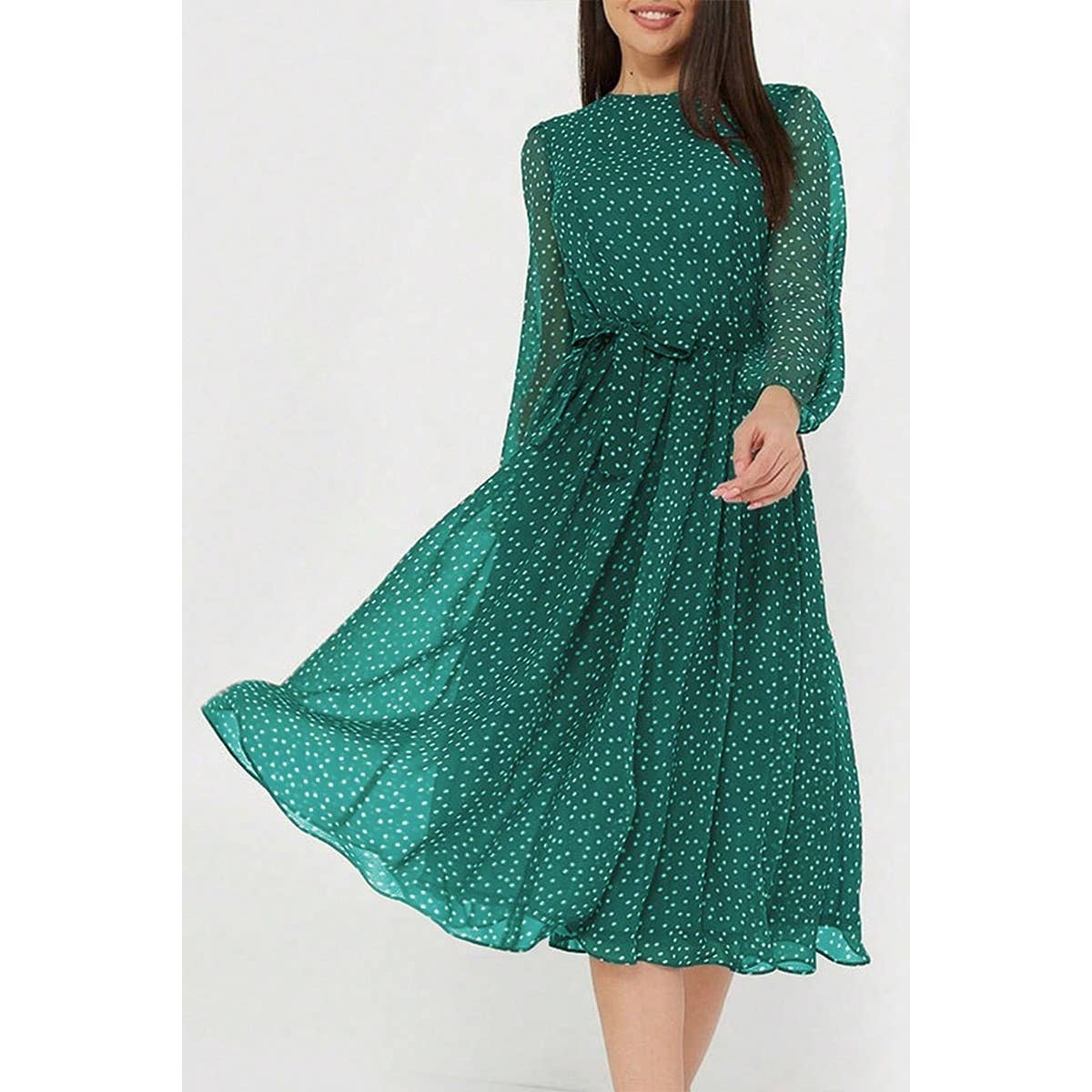 Dot Print Lantern Sleeve Belted Midi Dress - MVTFASHION.COM