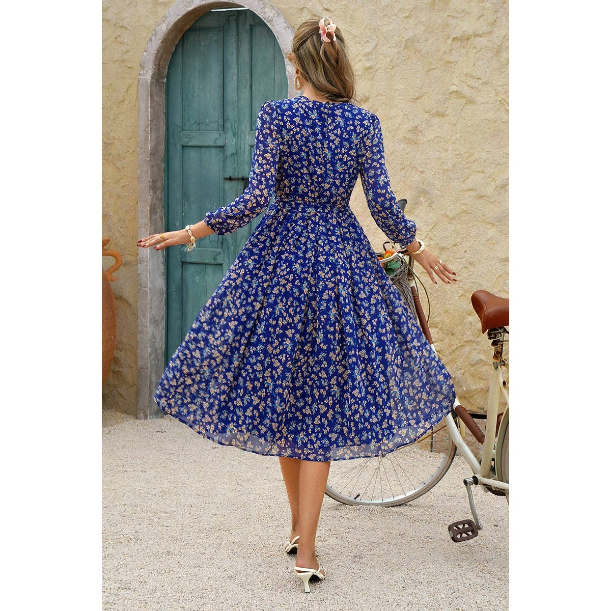 Dot Print Lantern Sleeve Belted Midi Dress - MVTFASHION.COM
