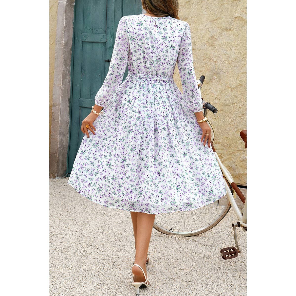 Dot Print Lantern Sleeve Belted Midi Dress - MVTFASHION.COM