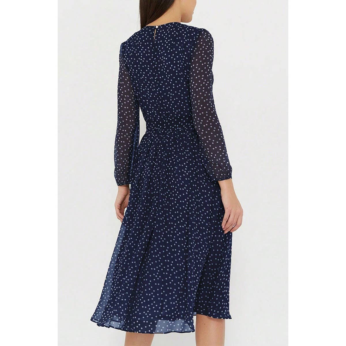 Dot Print Lantern Sleeve Belted Midi Dress - MVTFASHION.COM